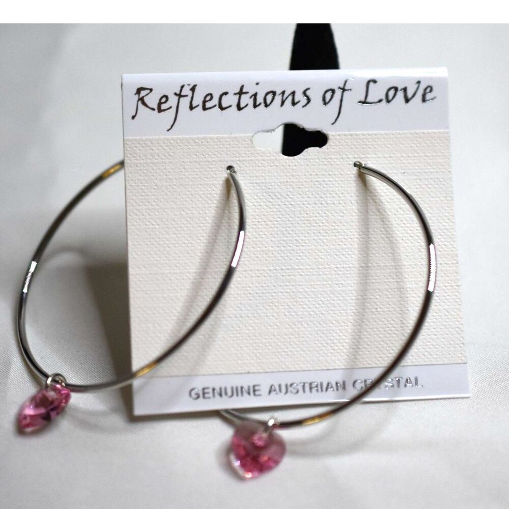 NIP Reflections Of Love Austrian Pink Crystal Heart Charm Silver Tone Earrings